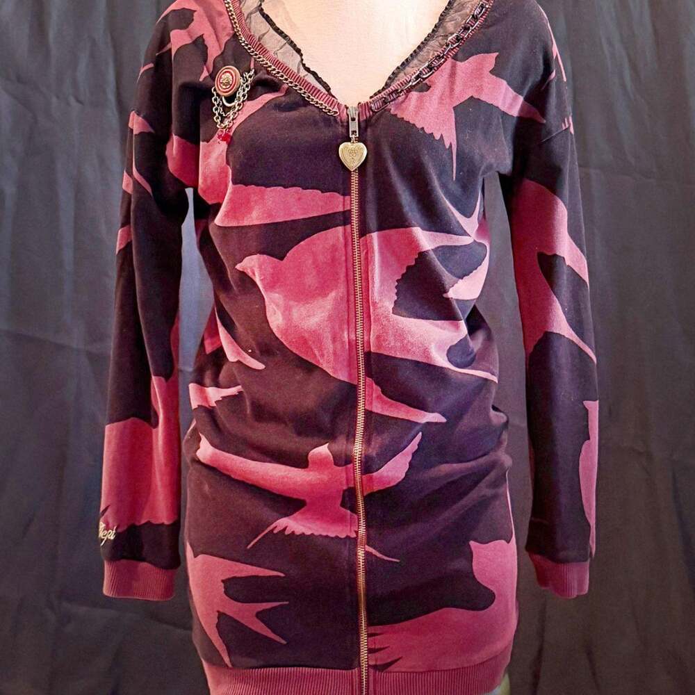 Upcycled bird print zip up Knit Mini Dress Whimsygoth Grunge Coquette Dept Sz S